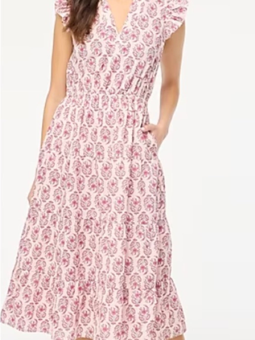 J Crew Floral Tiered Midi Dress in Pink